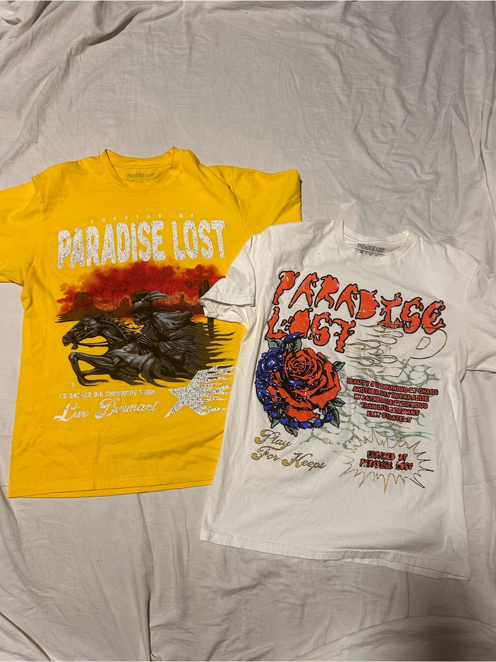 Paradise Lost Graphic Print Tees Yellow and White *TWO*  *Medium*